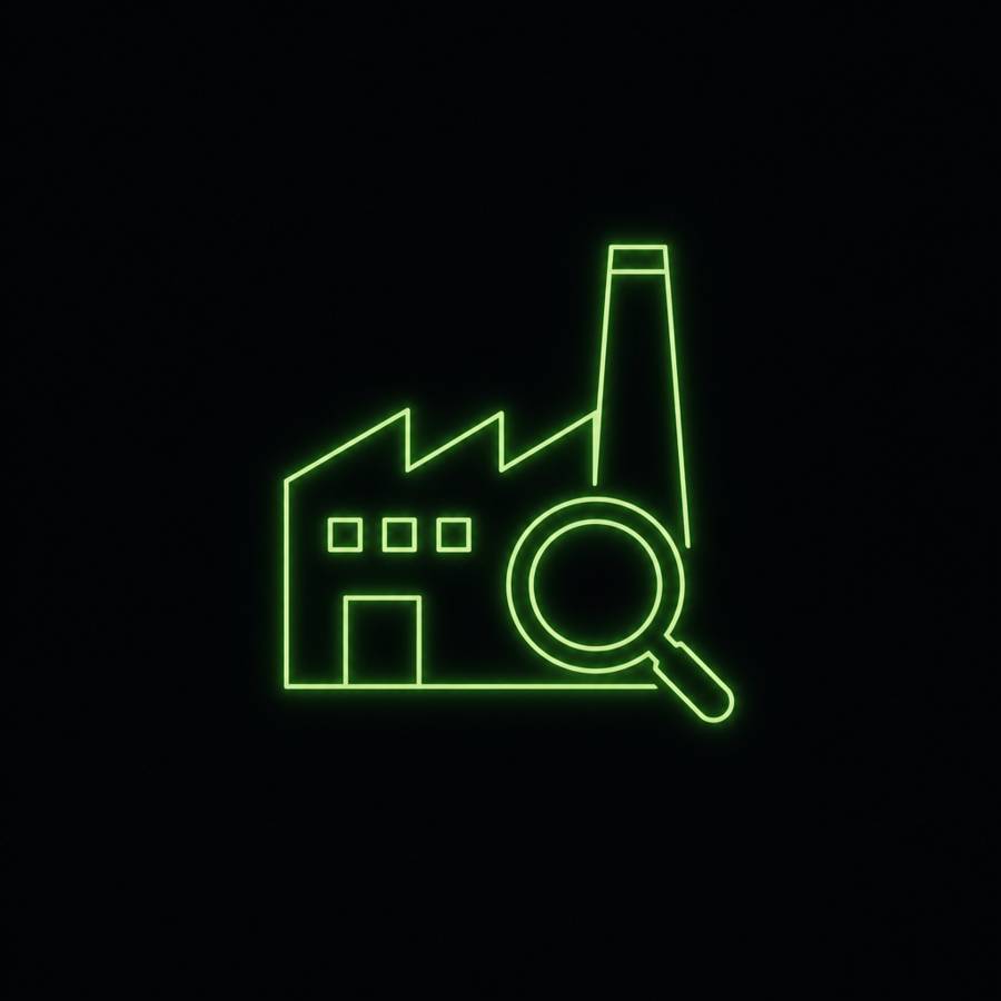 Icona al neon di una fabbrica con una lente d'ingrandimento